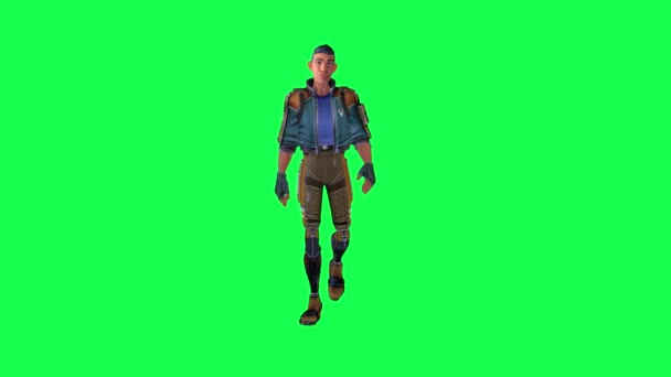 Spacery Animowany Człowiek Kombinezonie Wojennym Przodu Pod Kątem Zielonym Ekranie — Wideo stockowe