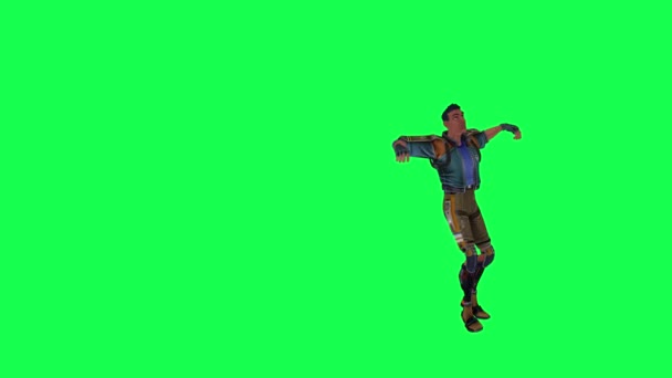 胜利之后 身穿蓝色西服和棕色裤子 从相反的角度在绿色屏幕上跳舞欢呼 3D名身穿彩色钥匙的人被隔离了 — 图库视频影像
