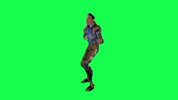 身穿蓝色西服 穿着绿色裤子 从直角弹吉他的动画人在绿色屏幕上 3D人在彩色键隔离 — 图库视频影像