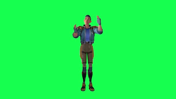 アニメ男で青スーツと緑のパンツ接吻誰かから反対角度上の緑の画面 3D人々でクロマキー孤立 — ストック動画