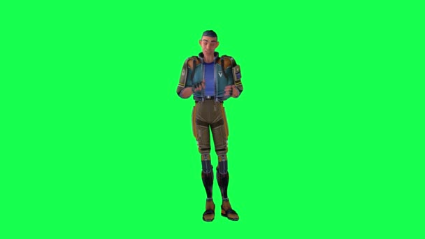緑の画面上の反対側の角度からタッチスクリーンで作業アニメーション男 孤立したクロマキーの3D人 — ストック動画