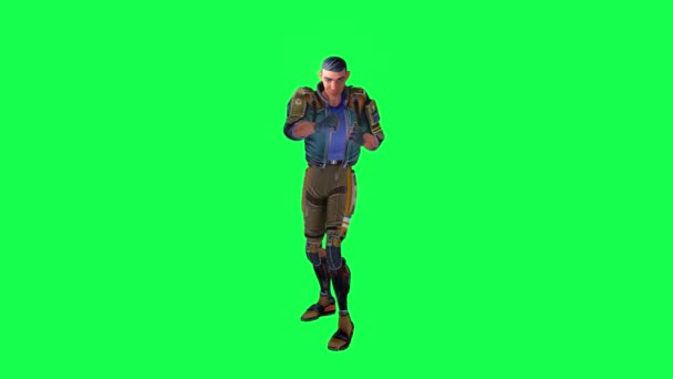 Animowany Wojownik Niebieskim Garniturze Zielone Spodnie Uderzające Przeciwnego Kąta Zielonym — Wideo stockowe