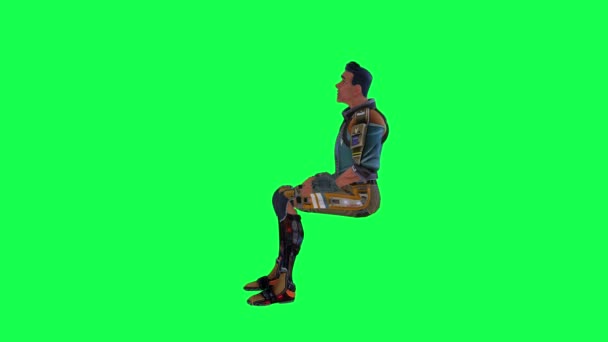 动漫男子坐在绿屏上 从直角为他的朋友欢呼 3D名身穿彩色钥匙的人被隔离 — 图库视频影像