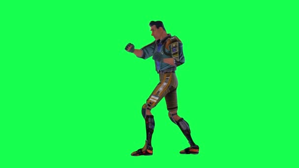 Animated Warrior Man Blue Suit Green Pants Punching Right Angle — Stock Video