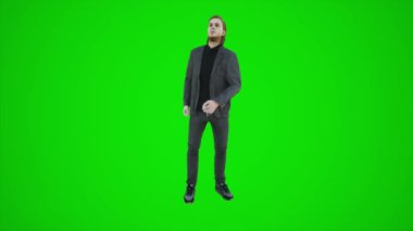 Yeşil ekranda dans eden erkek dansçının 3 boyutlu animasyonu ve yeşil ekranda izole edilmiş bir grup insan krom anahtarıyla şarkı söylemesi ve mutlu olması.