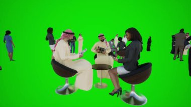 Dubai 'deki Araplar ve Afrikalılar arasındaki görüşmelerin 3 boyutlu animasyonu. Konuşuyorlar ve yeşil ekranda kararlar veriyorlar. Krom anahtar yeşil ekran arkaplanındaki insanları izole etti