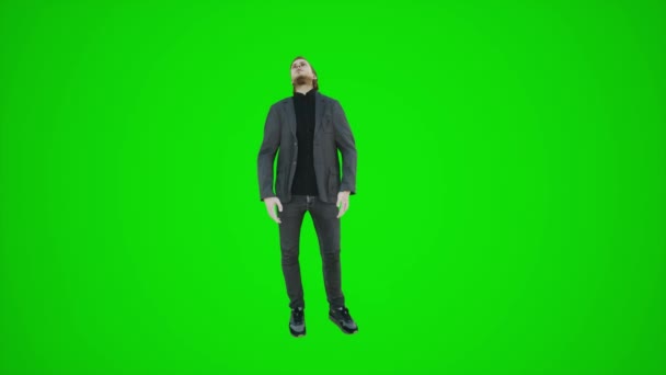 緑の画面上の男性コーチの3Dアニメーション待っていると見て クロマキーで考えます緑の画面の背景に人々の孤立したグループ — ストック動画