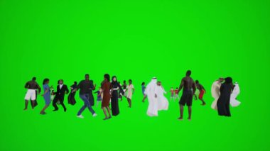 Kromaki yeşil ekranındaki Dubai parklarında dans eden ve eğlenen Afrikalı ve Arap insanların 3 boyutlu animasyonu yeşil ekran arka planındaki insanları izole etti.