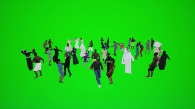 Kromaki yeşil ekranında dans eden ve eğlenen Afrikalı ve Arap insanların 3 boyutlu animasyonu yeşil ekran arka planında izole edilmiş bir grup insan