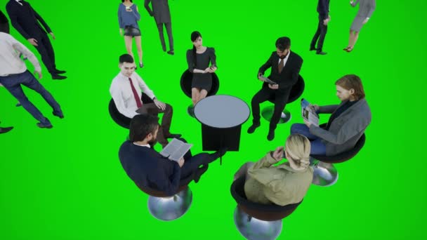 3D动画 欧洲人和非洲人围坐在彩色绿屏咖啡店的桌子边聊天 一群人在绿屏背景下孤立无援 — 图库视频影像