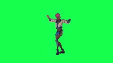 3d cartoon girl dancing from front angle on green screen