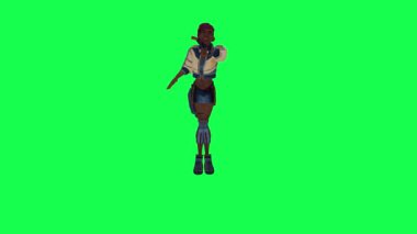Black animated girl dancing on green screen from opposite angle