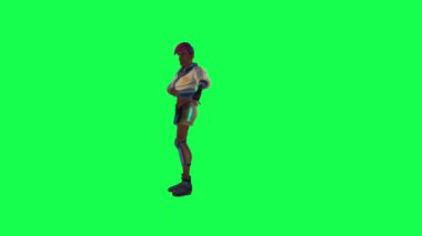 3D animated girl in blue and white dress dancing from right angle on green screen