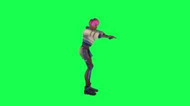 Animated black girl closing chest from left angle on green screen