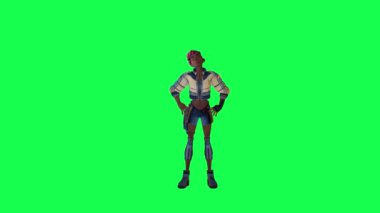 3d black warrior girl relaxing from front angle on green screen