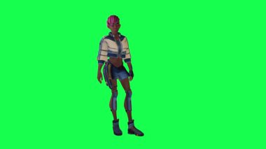 3d animated girl in white and blue dress standing waiting from opposite angle on green screen