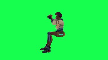 Black girl in blue white dress cheering favorite team from right angle on green screen