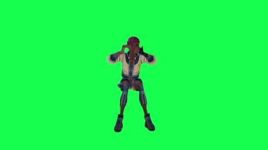 Black girl in blue white dress cheering favorite team from opposite angle on green screen