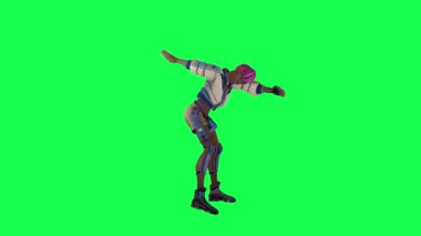 3D animated girl dancing and cheering for her favorite team from left angle on green screen
