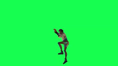 Animated warrior girl climbing ladder from right angle on green screen