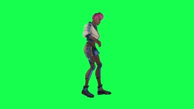 3D cartoon girl salsa dancing from left angle on green screen