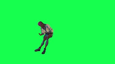 Animated teenage warrior girl gets shot and falls to the ground on green screen