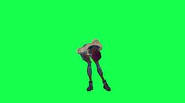 3d warrior girl injured in left leg from opposite angle on green screen