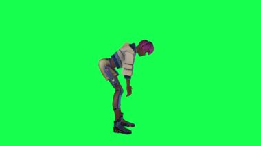 An animated girl in a blue white dress picks up a weight from the floor from the left angle on the green screen