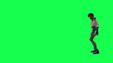 Black animated girl running and cheering on green screen
