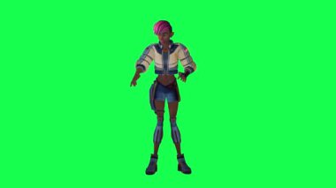 Animated girl dealing playing cards from opposite angle on green screen