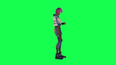 Black girl in blue and white dress looking and checking her hands and feet from left angle on green screen