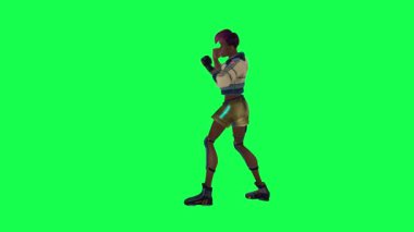 Black girl cartoon character in white and blue dress punching from right angle on green screen