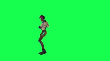 3D animated black girl dancing and doing acrobatics from opposite angle on green screen