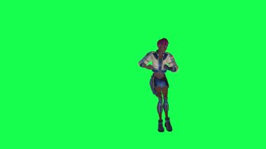 3D animated black girl dancing and doing acrobatics from left angle on green screen