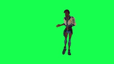 Beautiful young black girl dancing in blue and white dress from right angle on green screen