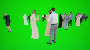Krom yeşil ekranda dikilirken birbirleriyle konuşan 3 boyutlu Araplar.