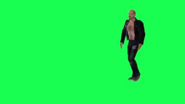Yeşil perdeli, ceketli ve siyah pantolonlu yakışıklı bir adam ve yırtık pantolonlu ve bıyıklı Kaşf Tosi, sakallı, kel, şakakta dövmeli, göğsünde ve karnında kıllı bir adam.