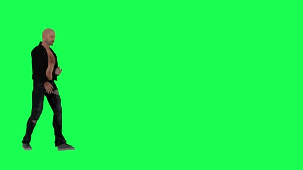 Lång Man Grön Skärm Med Jacka Och Svarta Byxor Och — Stockvideo