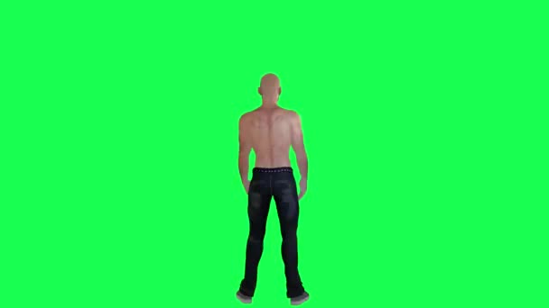 ブラウンスニーカー ダークスキン 口ひげとスタブと寺院のタトゥーで髪と黒いズボンを引き裂いた緑色の画面上の運動体を持つ男 — ストック動画