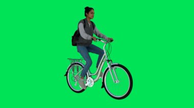 3 boyutlu yeşil ekran krom anahtar animasyonu üç köşeli bir açıdan bisiklete binen genç bir kızı izole etti.