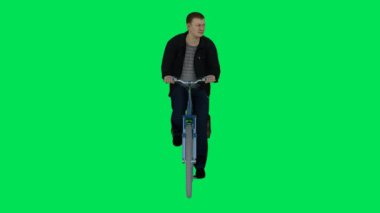 3D görüntüleme yeşil ekran krom anahtar animasyonu izole edilmiş. Ters açıdan bisiklet süren bir güvenlik elemanı.