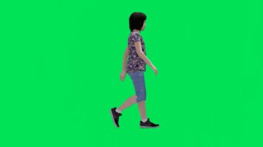 3 boyutlu yeşil ekran krom anahtar animasyonu izole edilmiş güzel ve güzel bayan koltuk altında yürüyor.