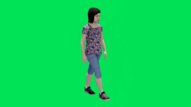 3D görüntüleme yeşil ekran krom anahtar animasyonu izole edilmiş güzel ve güzel bayan açıdan ve yüze doğru yürüyor