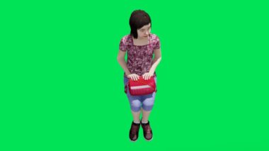 3D yeşil ekran krom anahtar animasyonu izole edilmiş. Saygıdeğer bayan yüz yüze oturan otobüsü bekliyor.