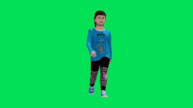 3D yeşil ekran krom anahtar animasyonu. İlkokulda mavi elbiseli bir kız avluda yürüyordu.