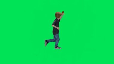 3D yeşil ekran krom anahtar animasyonu izole edilmiş komik çocuk anaokulunda koşuyor ve koltuk altından el sanatları oynuyor.