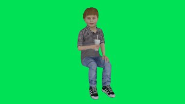 3D yeşil ekran krom anahtar animasyonu ilkokulda bir şeyler yiyen ve bacaklarını öne ve koltukalta sallayan komik bir çocuk tarafından izole edildi.