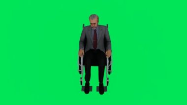 3D görüntüleme yeşil ekran krom anahtar animasyonu Yaşlı Amerikalı adamı yüksek açılı tekerlekli sandalyeden izole etti