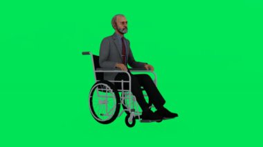 3 boyutlu yeşil ekran krom anahtar animasyonu. Üç taraflı tekerlekli sandalyedeki yaşlı Amerikalı adam izole edildi.