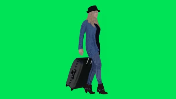3Dレンダリンググリーンスクリーンクロマキーアニメーションは 3角の角度から空港で手元に荷物を持って歩く女性観光客を隔離しました — ストック動画